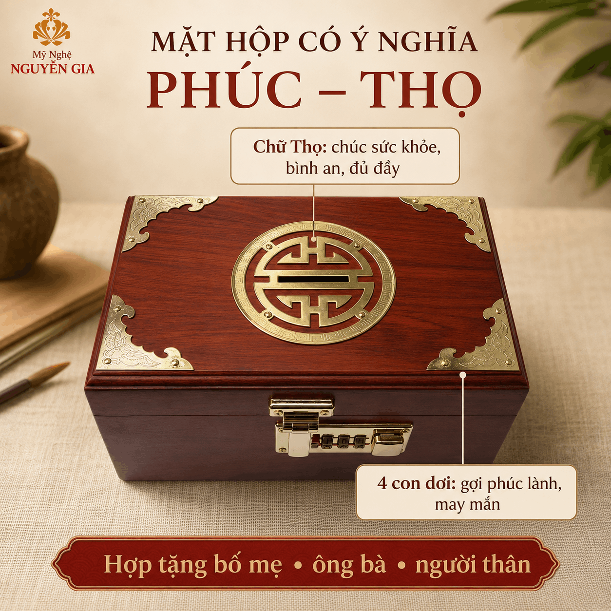 Hộp Đựng Tiền Chữ Thọ Khóa Số Gỗ Hương – Mẫu Truyền Thống