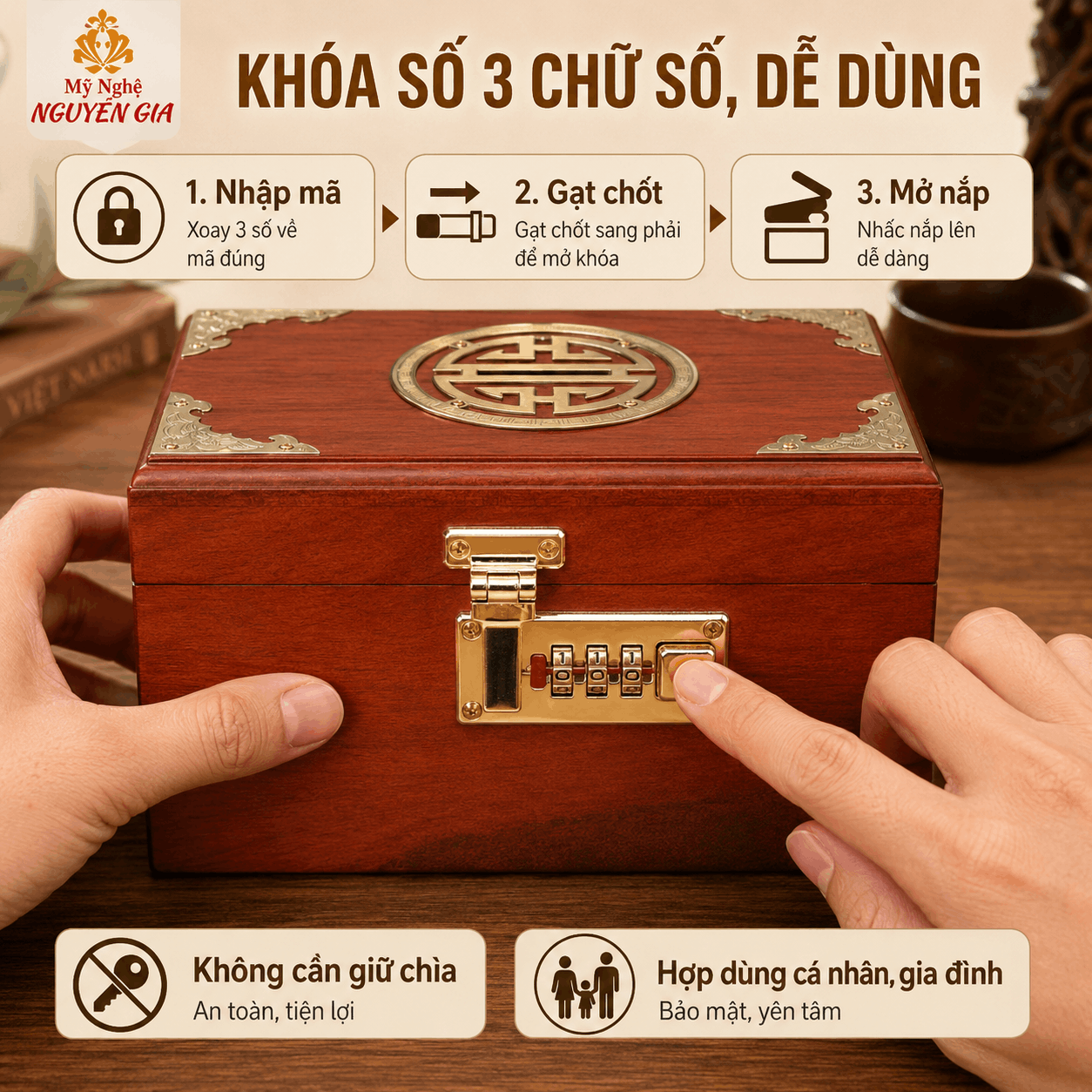 Hộp Đựng Tiền Chữ Thọ Khóa Số Gỗ Hương – Mẫu Truyền Thống