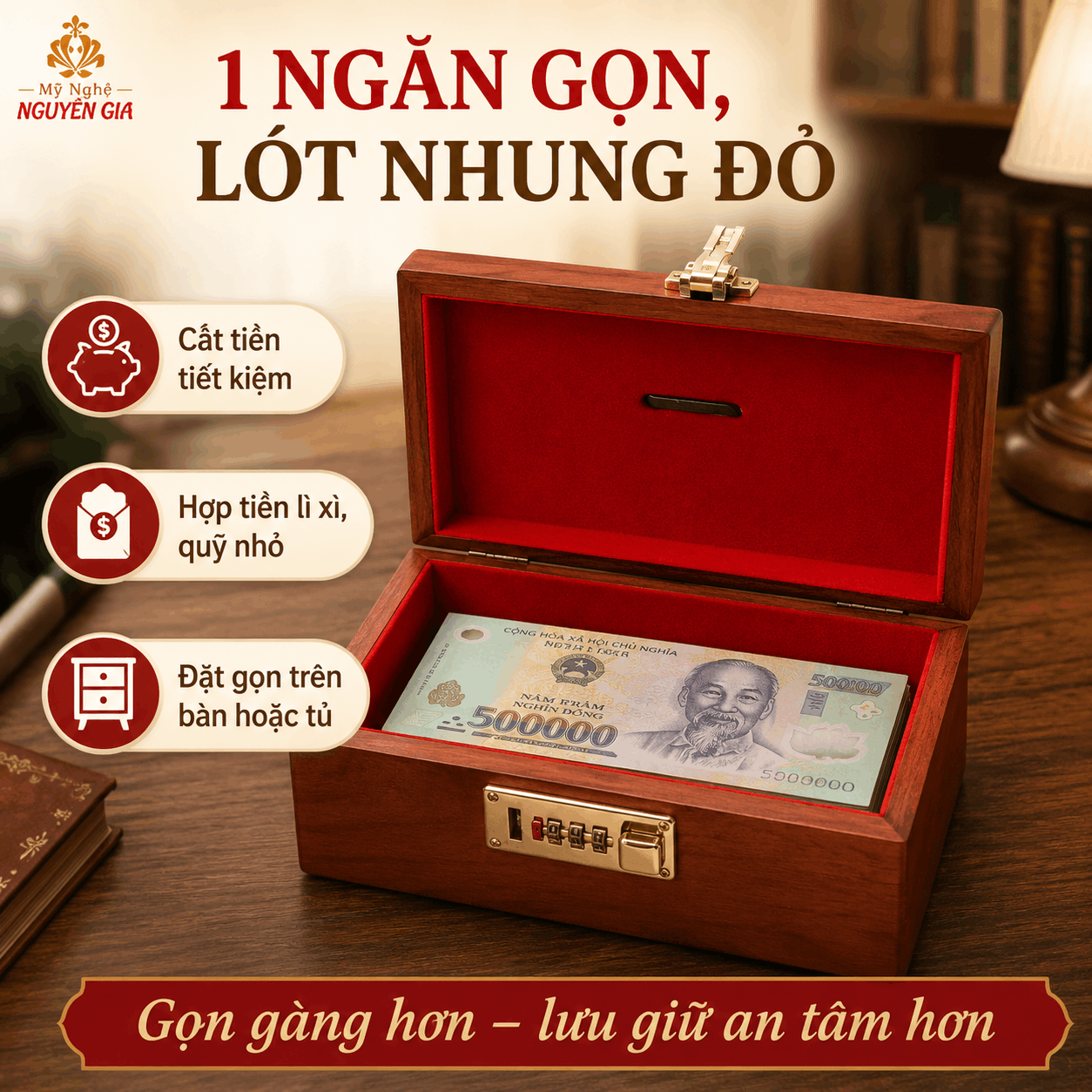 Hộp Đựng Tiền Chữ Thọ Khóa Số Gỗ Hương – Mẫu Truyền Thống