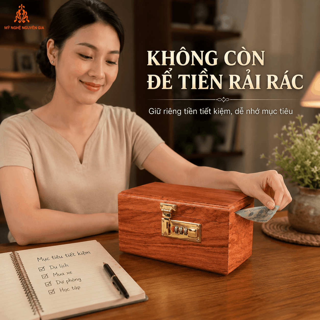 Hộp Đựng Tiền Có Khóa Số Bằng Gỗ Hương – Hộp Tiết Kiệm 300 Tờ