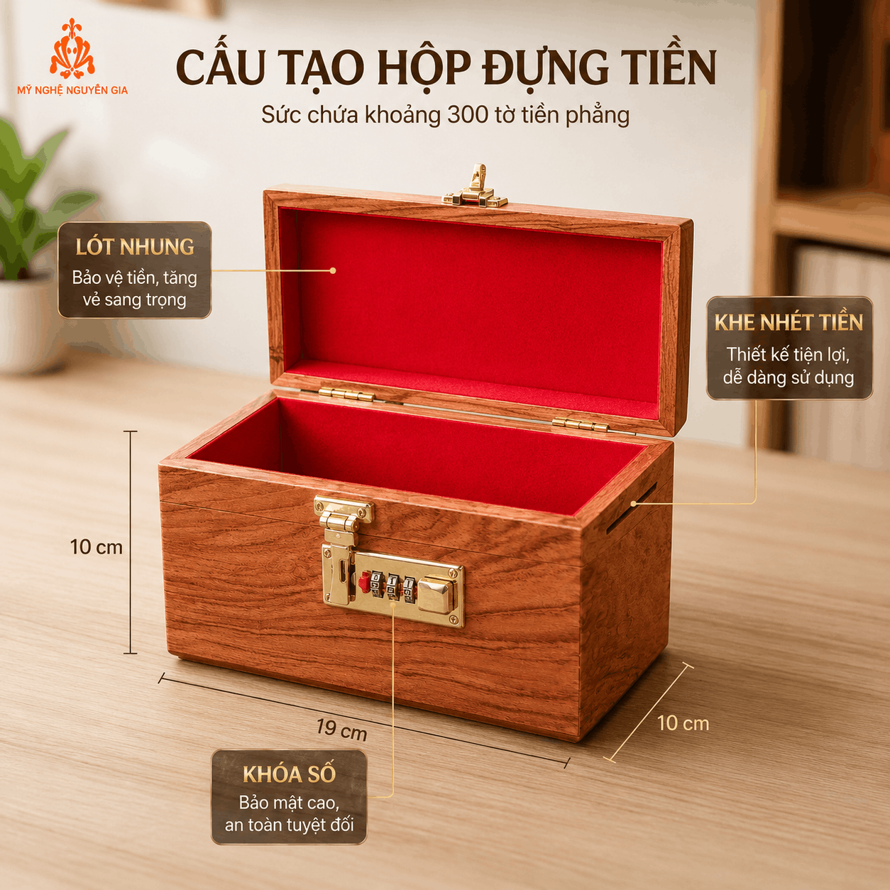 Hộp Đựng Tiền Có Khóa Số Bằng Gỗ Hương – Hộp Tiết Kiệm 300 Tờ