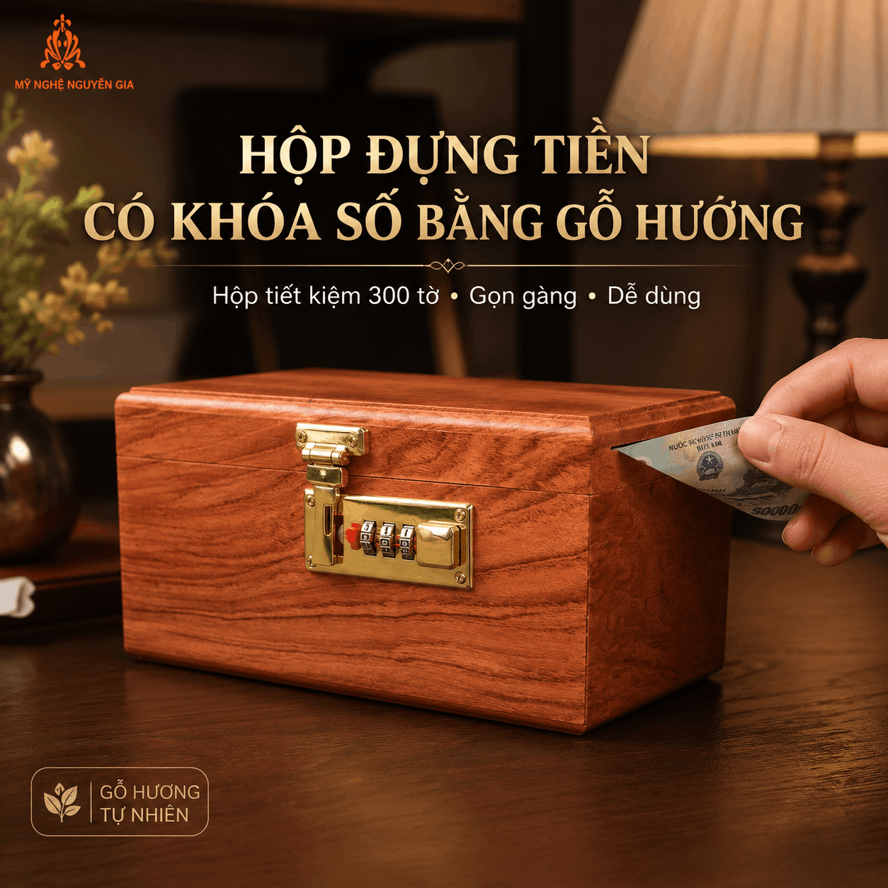 Hộp Đựng Tiền Có Khóa Số Bằng Gỗ Hương – Hộp Tiết Kiệm 300 Tờ