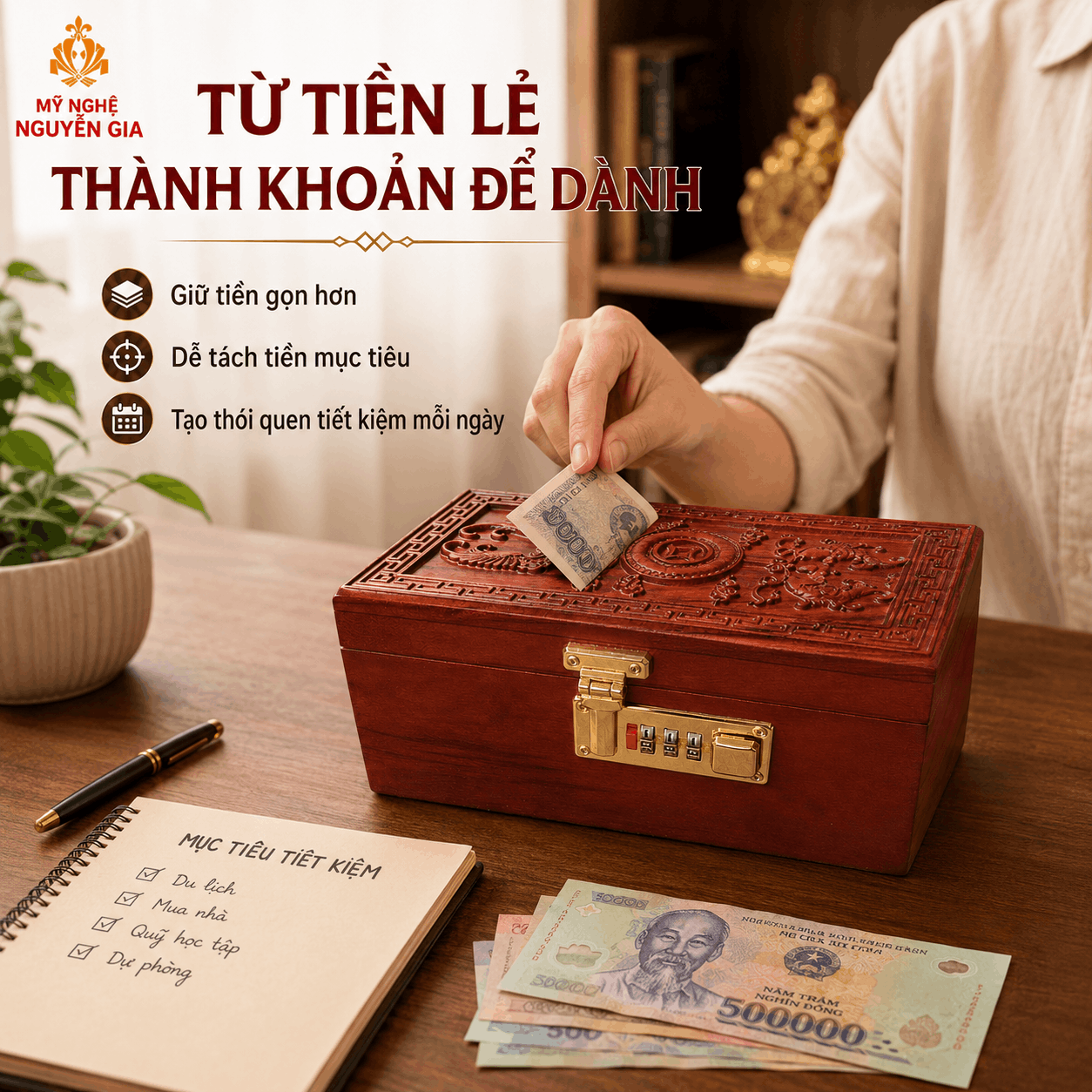 Hộp Đựng Tiền Phong Thủy Tài Lộc Gỗ Hương – Chạm Nổi, Khóa Số