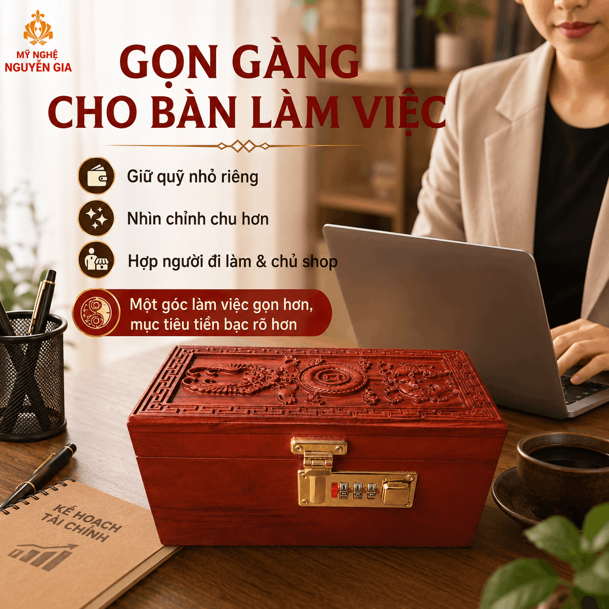Hộp Đựng Tiền Phong Thủy Tài Lộc Gỗ Hương – Chạm Nổi, Khóa Số
