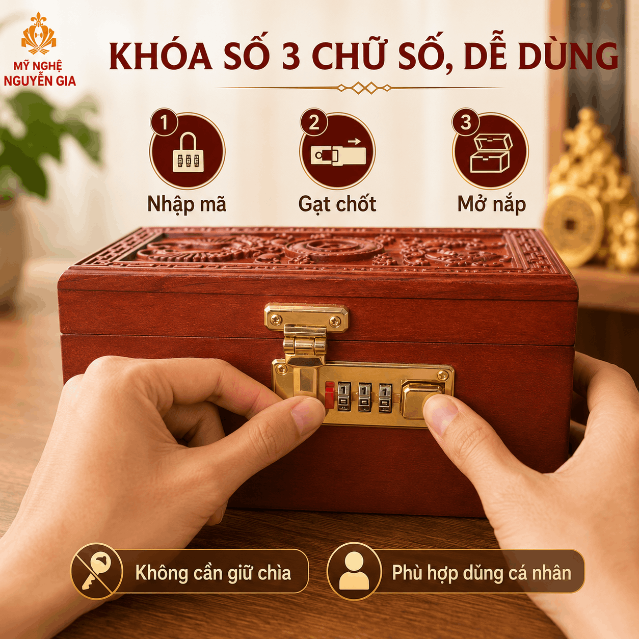 Hộp Đựng Tiền Phong Thủy Tài Lộc Gỗ Hương – Chạm Nổi, Khóa Số