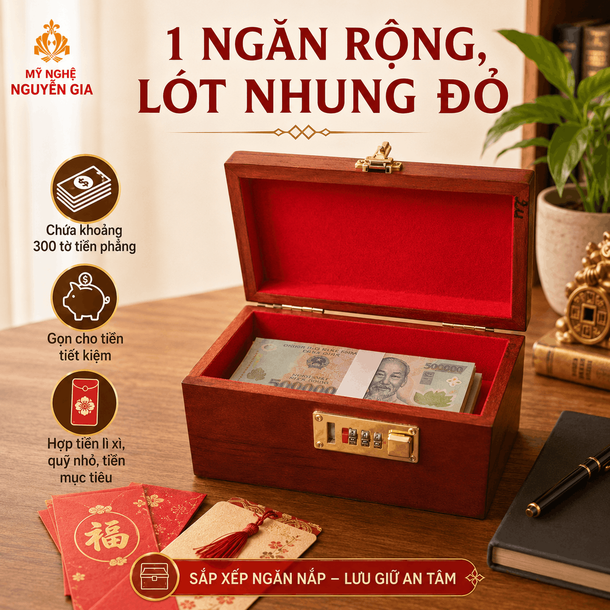 Hộp Đựng Tiền Phong Thủy Tài Lộc Gỗ Hương – Chạm Nổi, Khóa Số