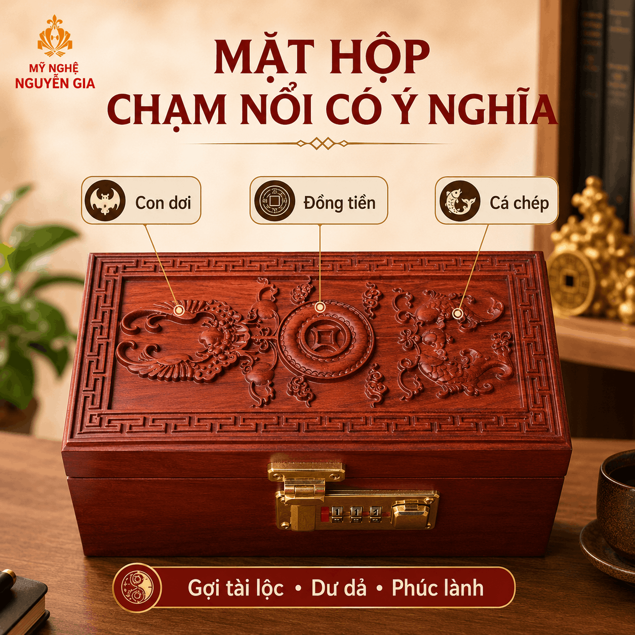 Hộp Đựng Tiền Phong Thủy Tài Lộc Gỗ Hương – Chạm Nổi, Khóa Số