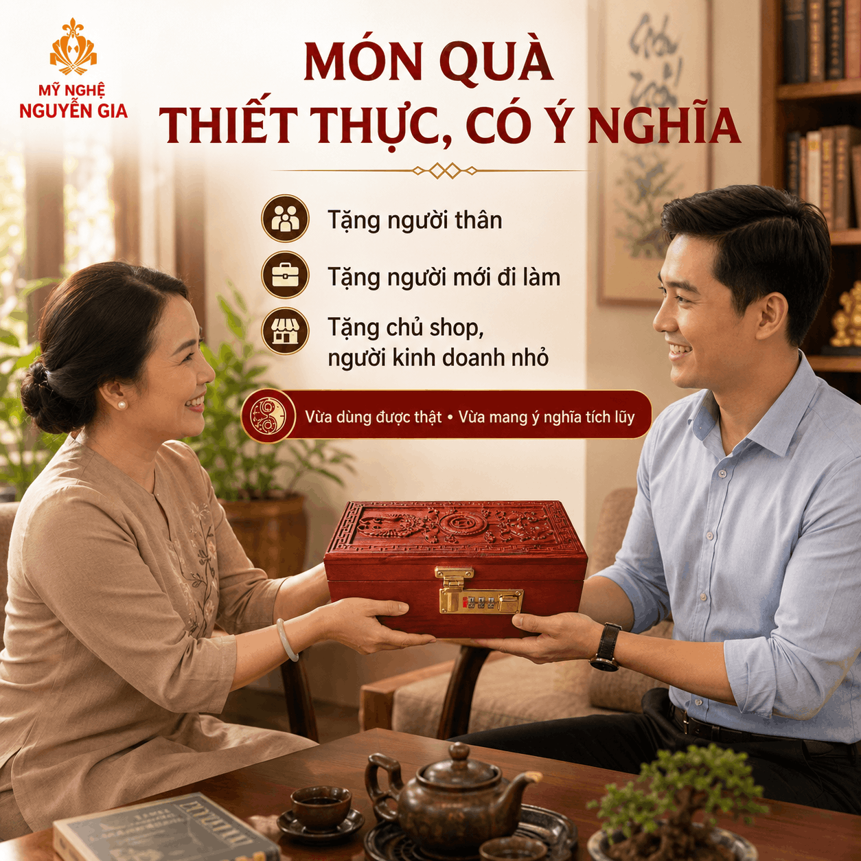 Hộp Đựng Tiền Phong Thủy Tài Lộc Gỗ Hương – Chạm Nổi, Khóa Số