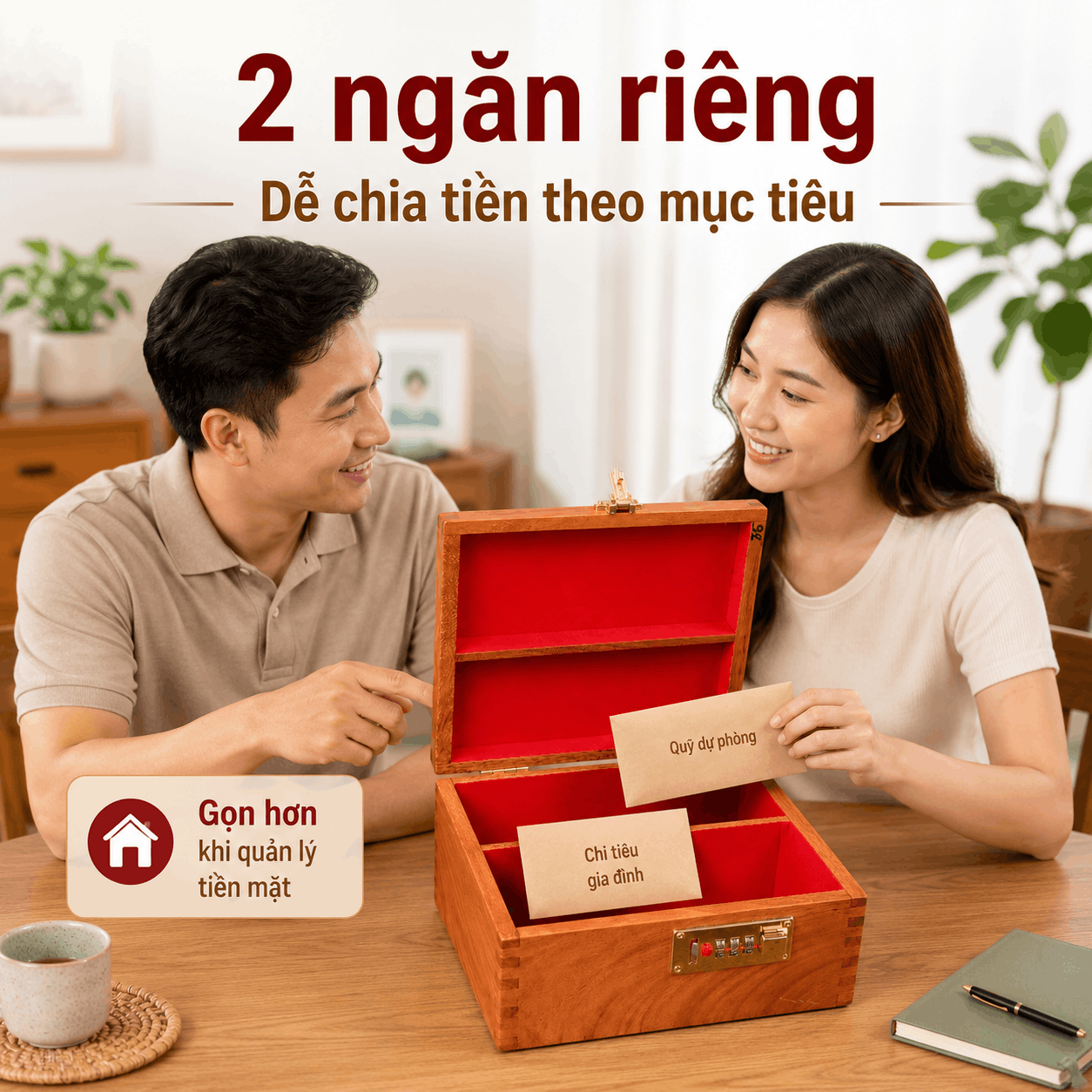 Hộp Đựng Tiền Tiết Kiệm 2 Ngăn Có Khóa Số Bằng Gỗ Hương