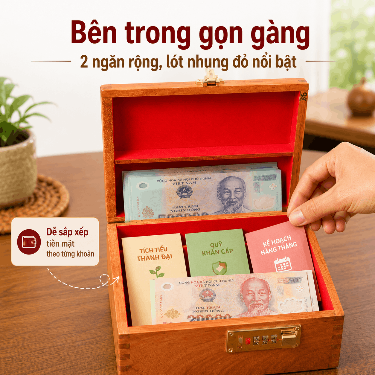 Hộp Đựng Tiền Tiết Kiệm 2 Ngăn Có Khóa Số Bằng Gỗ Hương