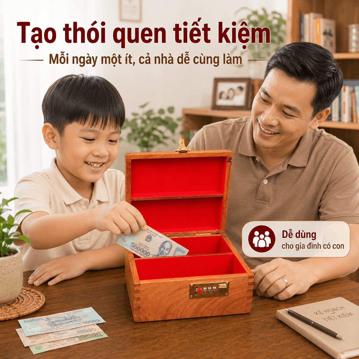 Hộp Đựng Tiền Tiết Kiệm 2 Ngăn Có Khóa Số Bằng Gỗ Hương