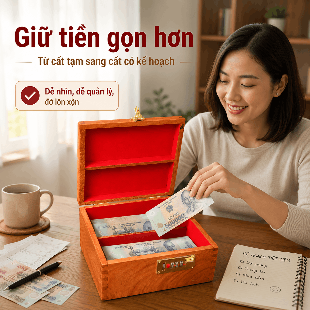 Hộp Đựng Tiền Tiết Kiệm 2 Ngăn Có Khóa Số Bằng Gỗ Hương