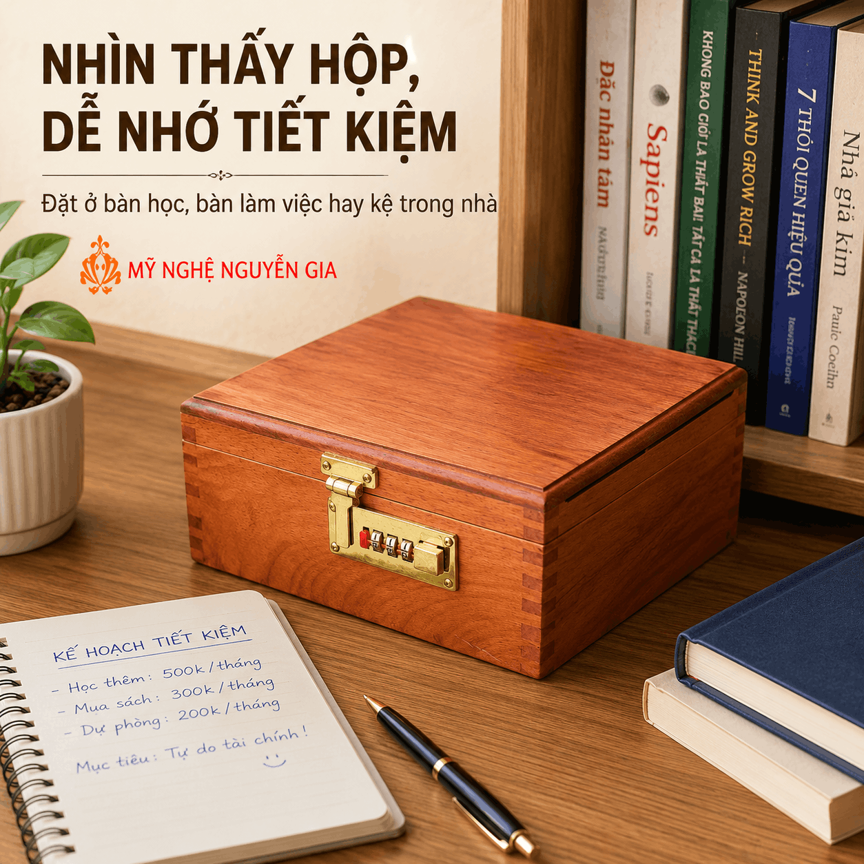 Hộp Đựng Tiền Tiết Kiệm 2 Ngăn Có Khóa Số Bằng Gỗ Hương