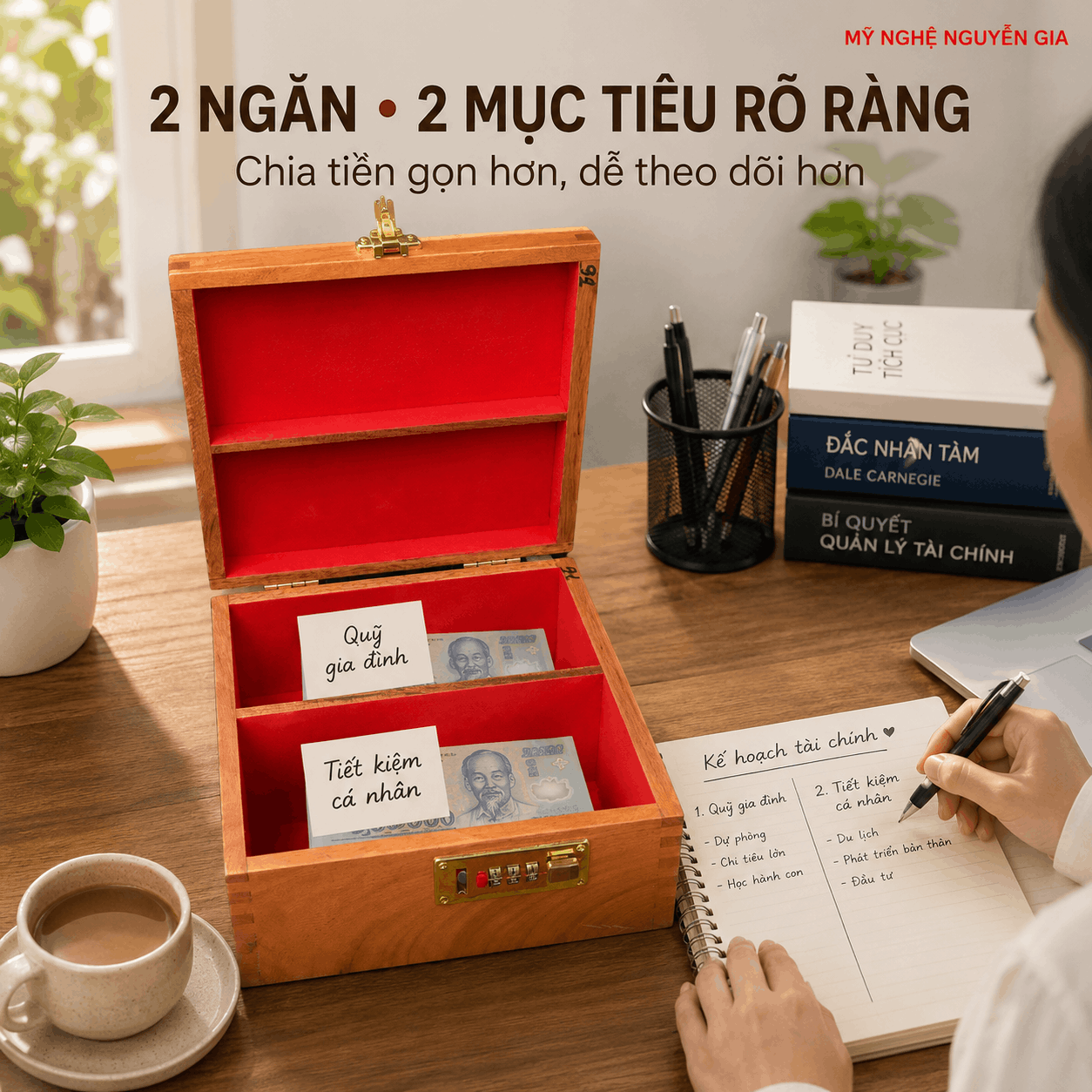 Hộp Đựng Tiền Tiết Kiệm 2 Ngăn Có Khóa Số Bằng Gỗ Hương