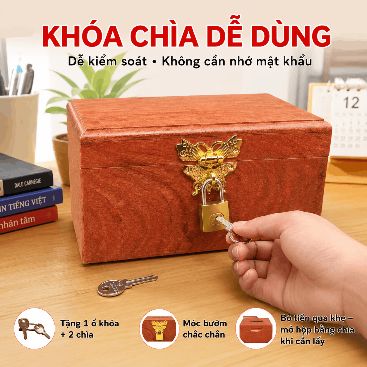 Hộp Gỗ Đựng Tiền Mini Có Khóa Chìa – Gỗ Hương Chứa 300 Tờ