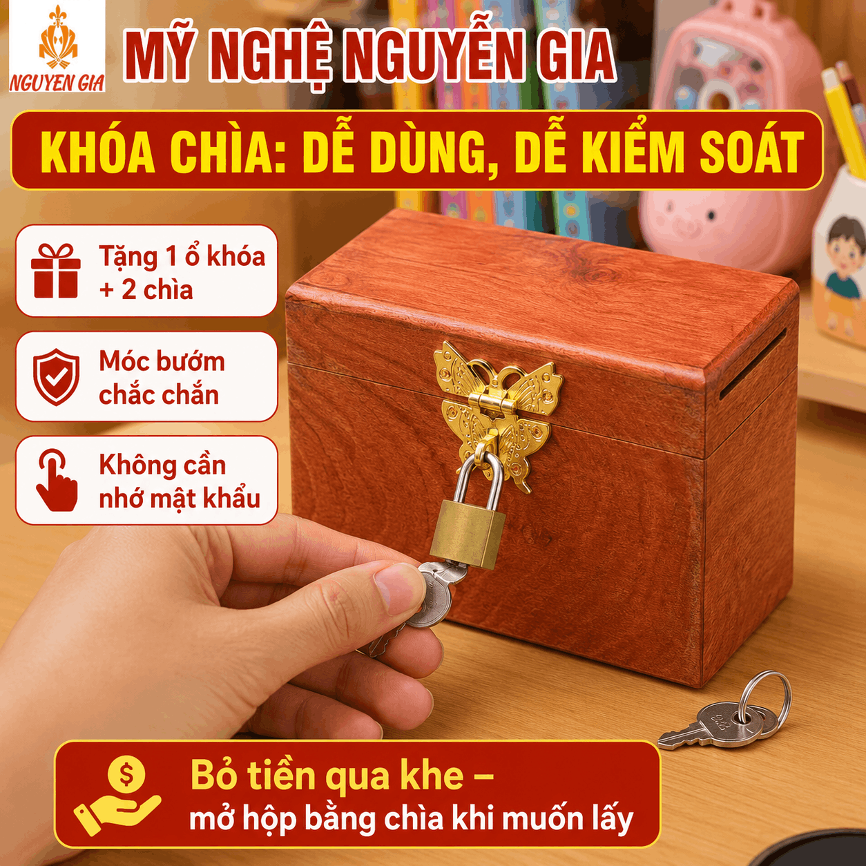 Hộp Gỗ Đựng Tiền Mini Có Khóa Chìa – Gỗ Hương Chứa 300 Tờ