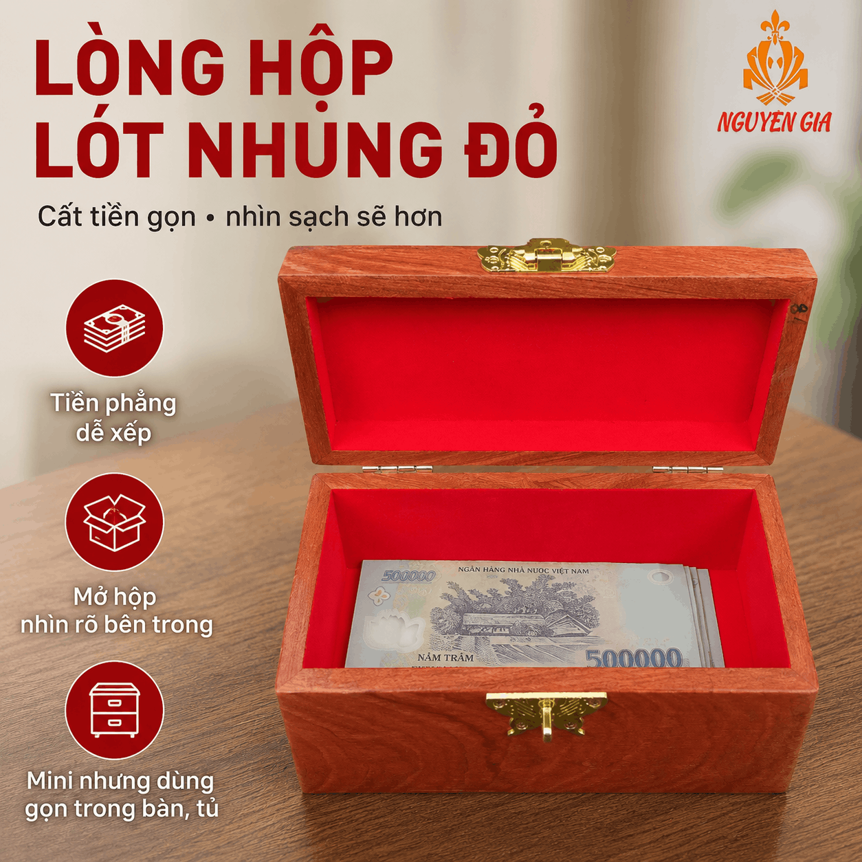 Hộp Gỗ Đựng Tiền Mini Có Khóa Chìa – Gỗ Hương Chứa 300 Tờ