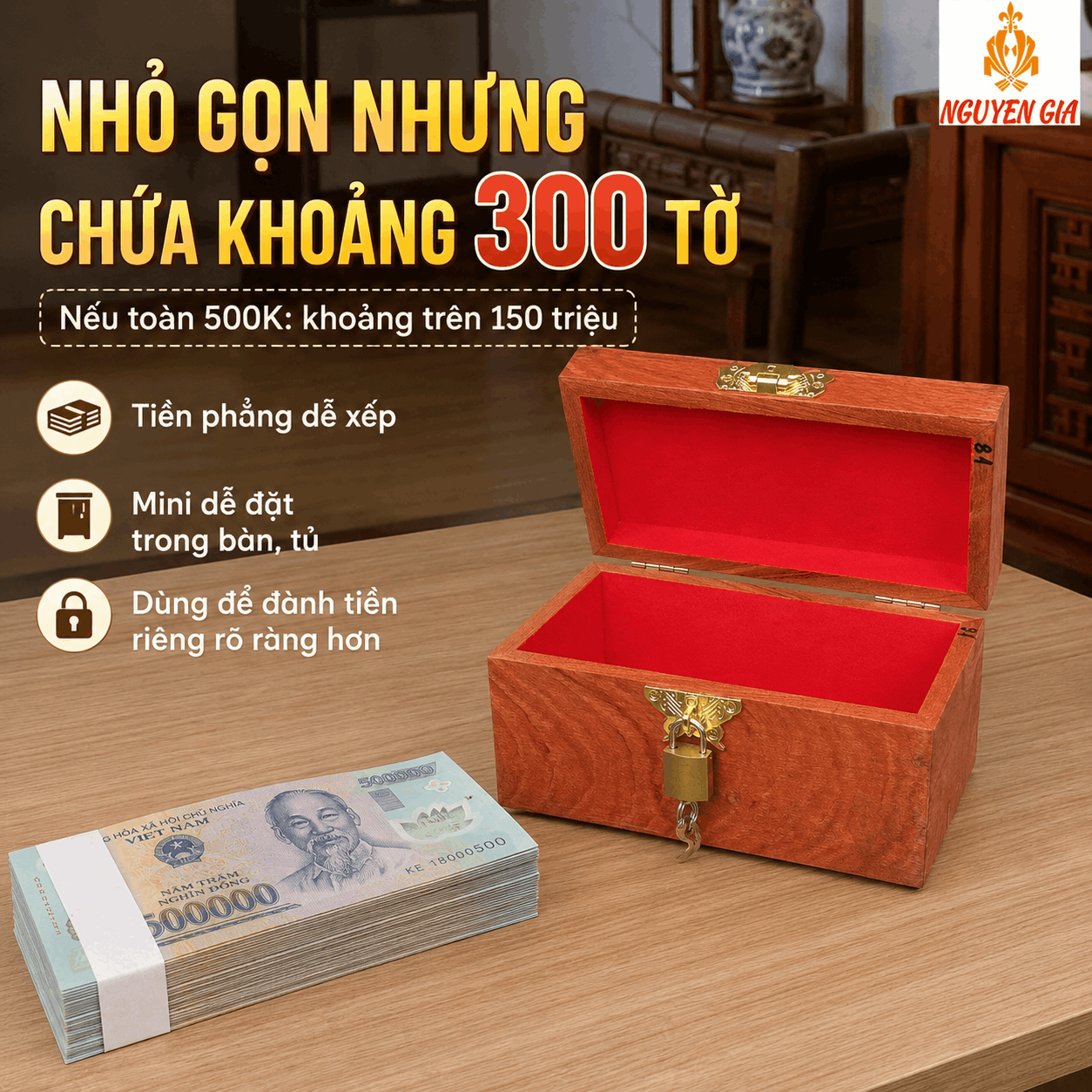 Hộp Gỗ Đựng Tiền Mini Có Khóa Chìa – Gỗ Hương Chứa 300 Tờ