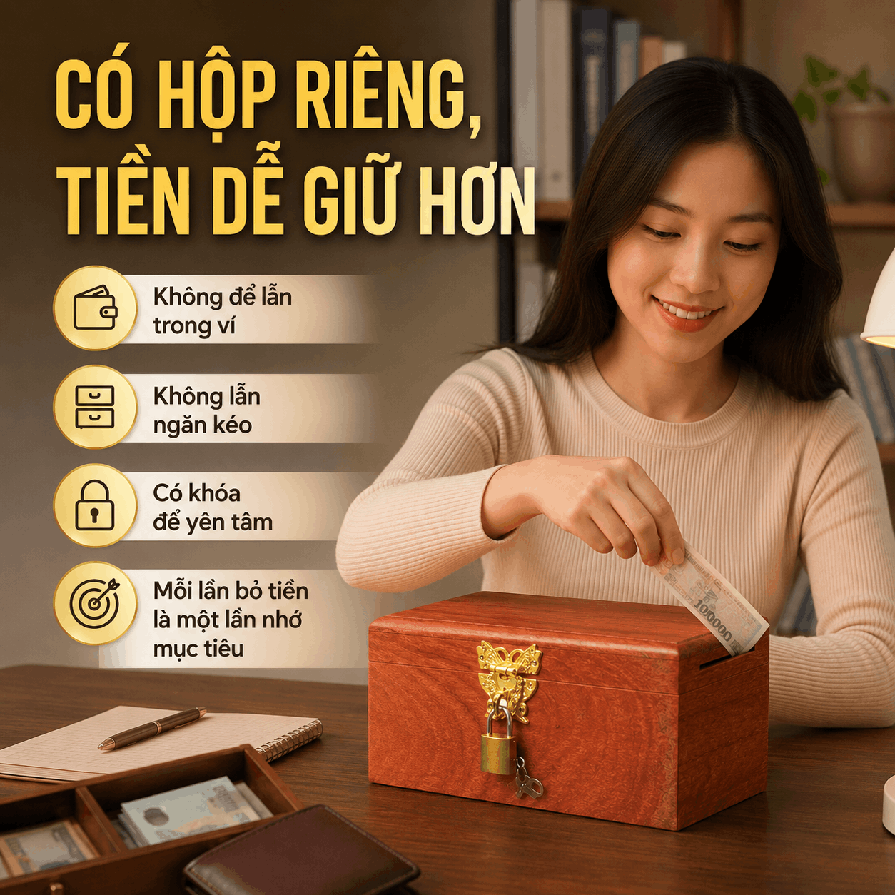 Hộp Gỗ Đựng Tiền Mini Có Khóa Chìa – Gỗ Hương Chứa 300 Tờ