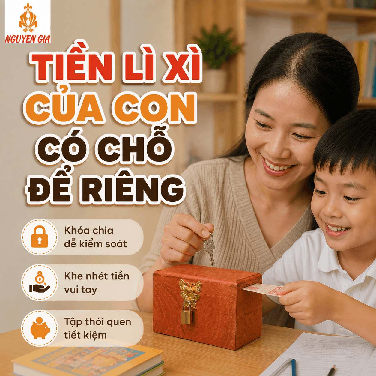 Hộp Gỗ Đựng Tiền Mini Có Khóa Chìa – Gỗ Hương Chứa 300 Tờ