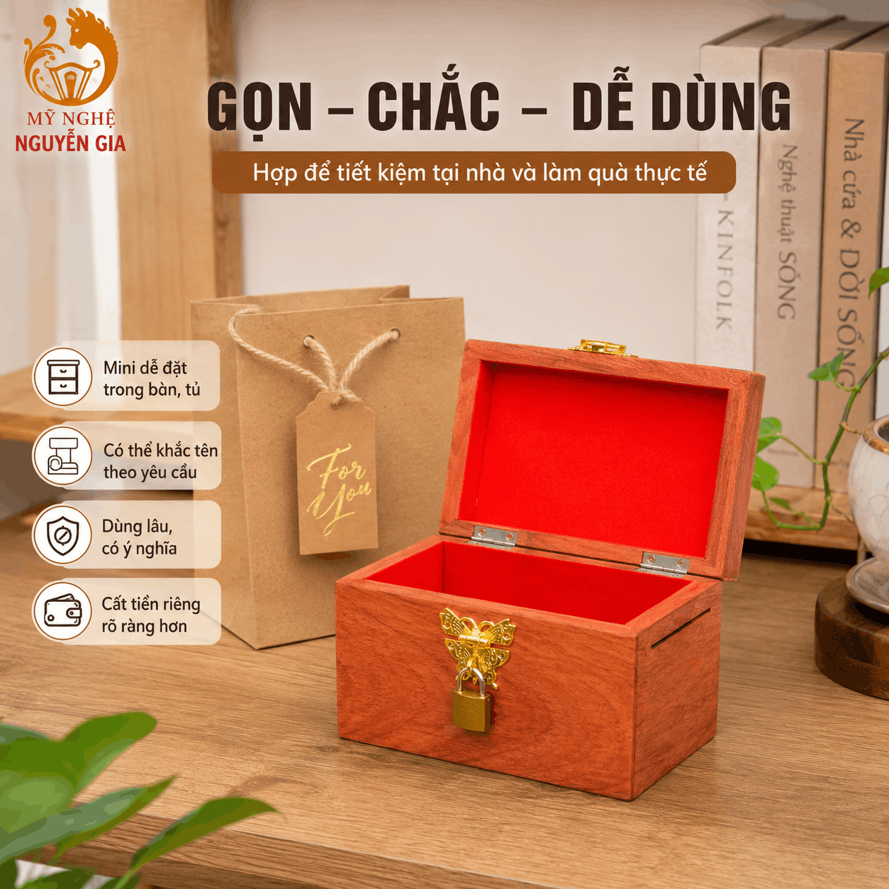 Hộp Gỗ Đựng Tiền Mini Có Khóa Chìa – Gỗ Hương Chứa 300 Tờ