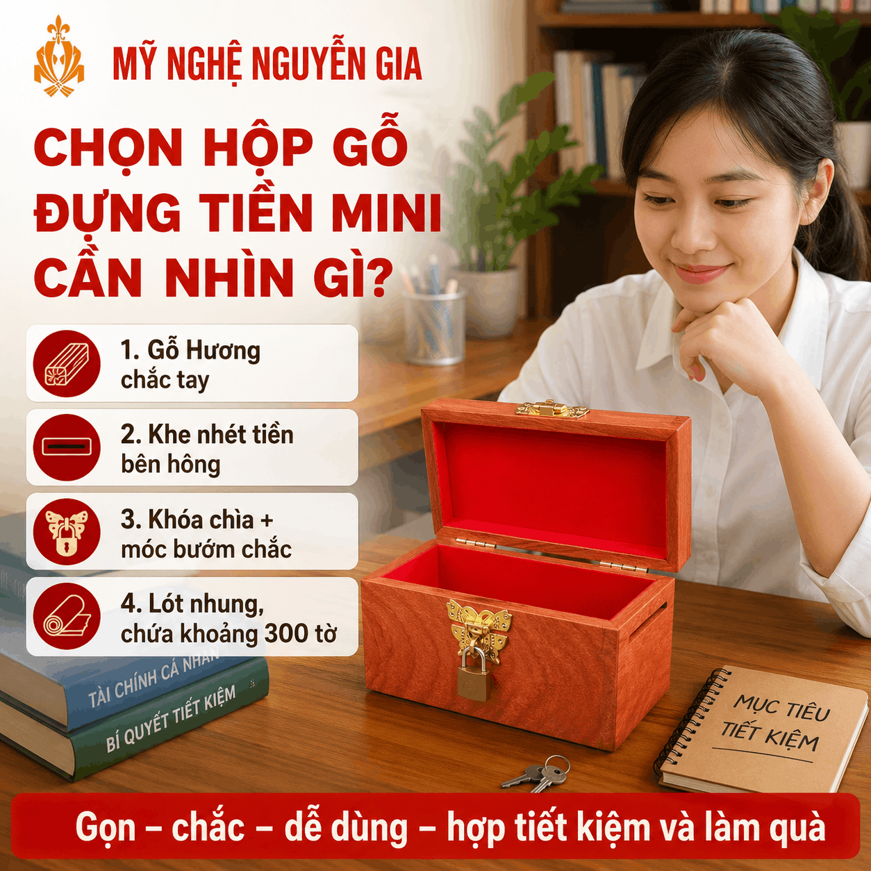 Hộp Gỗ Đựng Tiền Mini Có Khóa Chìa – Gỗ Hương Chứa 300 Tờ