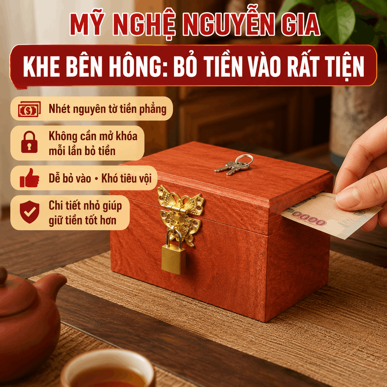 Hộp Gỗ Đựng Tiền Mini Có Khóa Chìa – Gỗ Hương Chứa 300 Tờ