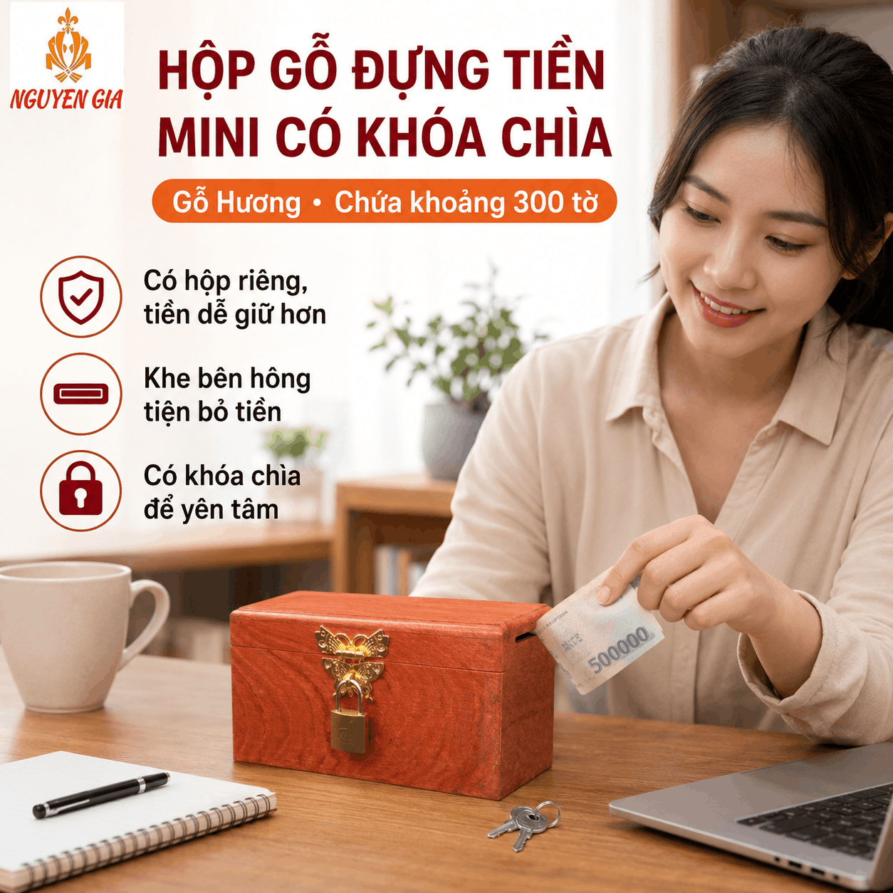 Hộp Gỗ Đựng Tiền Mini Có Khóa Chìa – Gỗ Hương Chứa 300 Tờ
