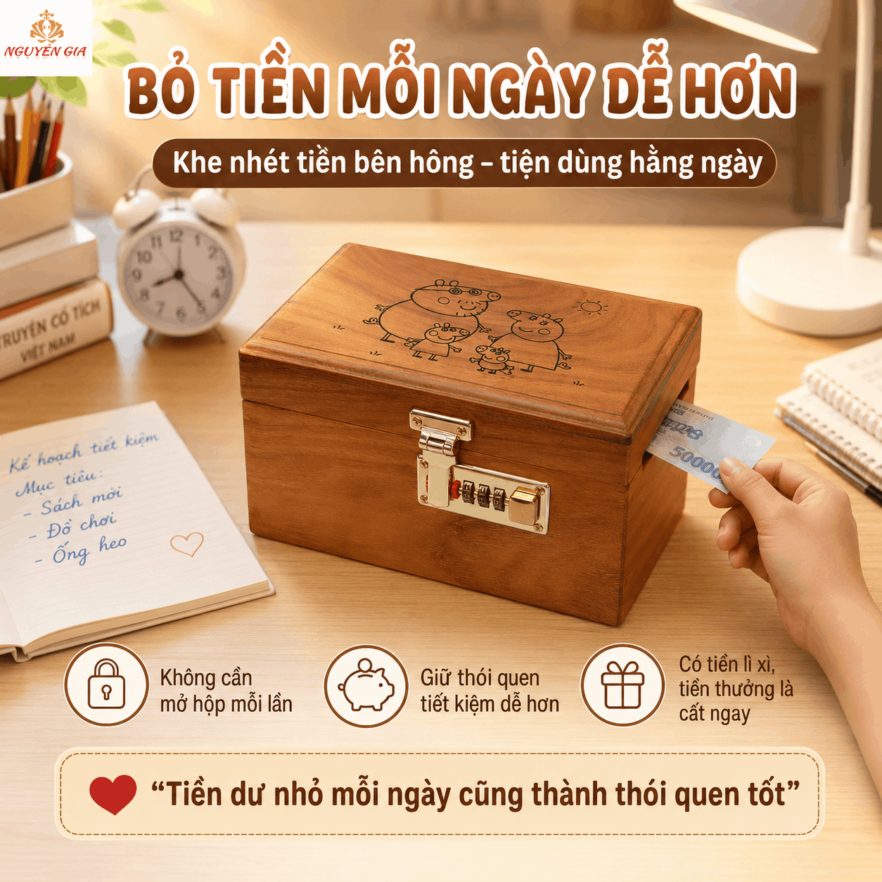 Hộp Tiết Kiệm Cho Bé Mẫu Gia Đình Heo Dễ Thương – Gỗ Hương, Khóa Số