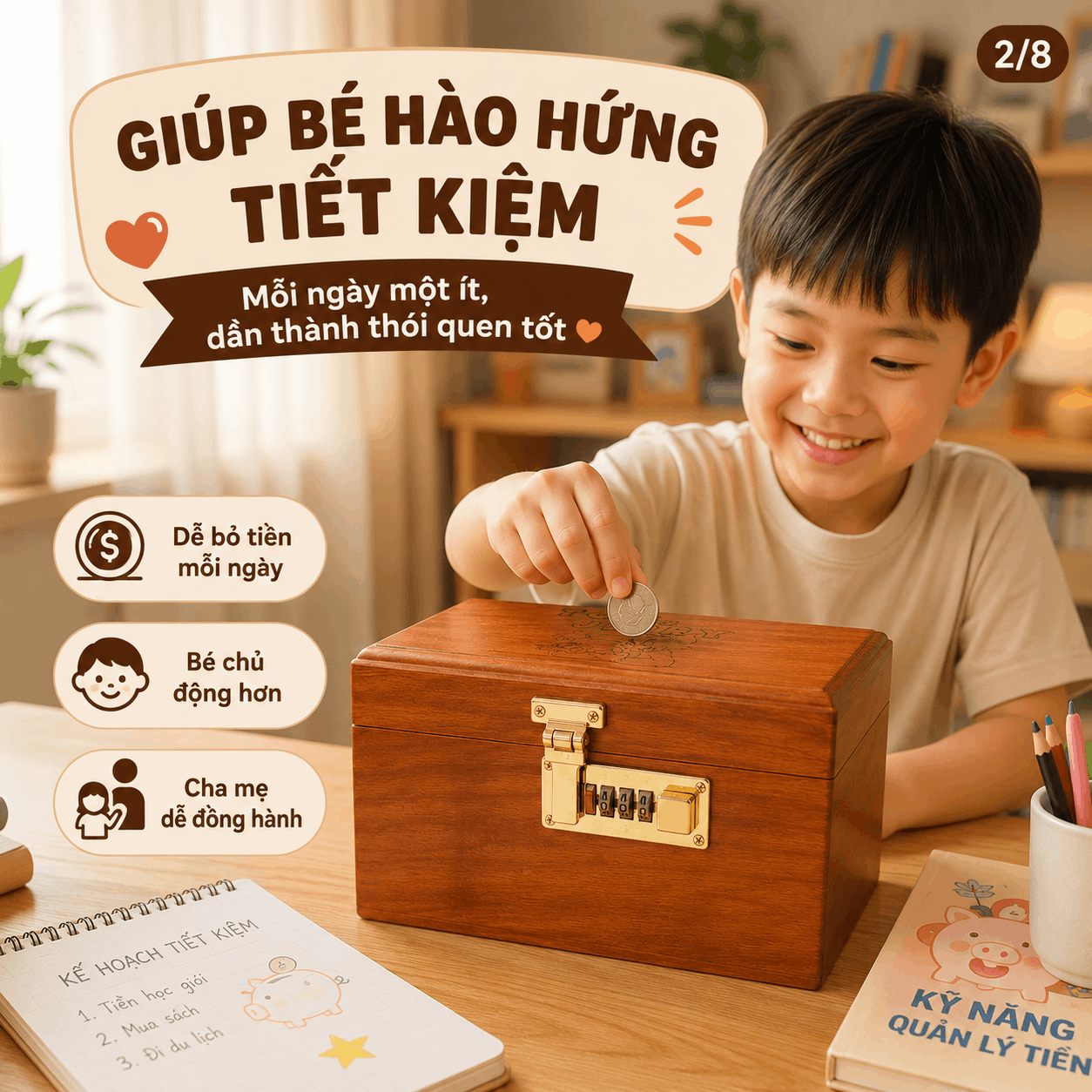 Hộp Tiết Kiệm Cho Bé Mẫu Mèo Và Chuột Dễ Thương – Gỗ Hương, Khóa Số