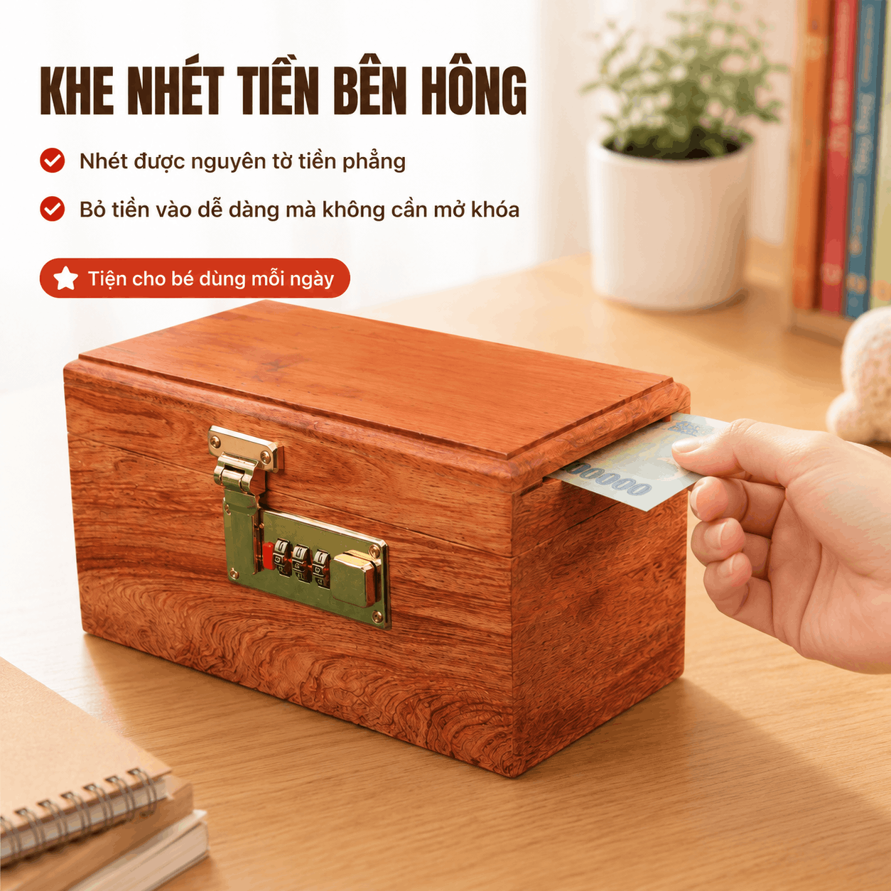 Hộp Tiết Kiệm Cho Bé Mẫu Vịt Donald Và Chuột Mickey – Gỗ Hương, Khóa Số