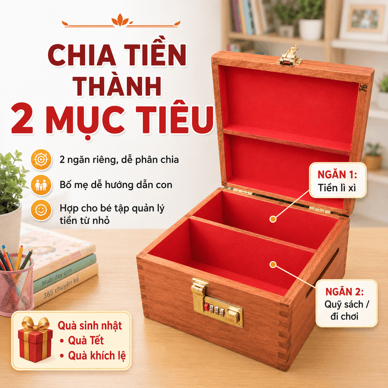 Hộp Tiết Kiệm Cho Bé 2 Ngăn Mẫu Gia Đình Heo – Gỗ Hương, Khóa Số