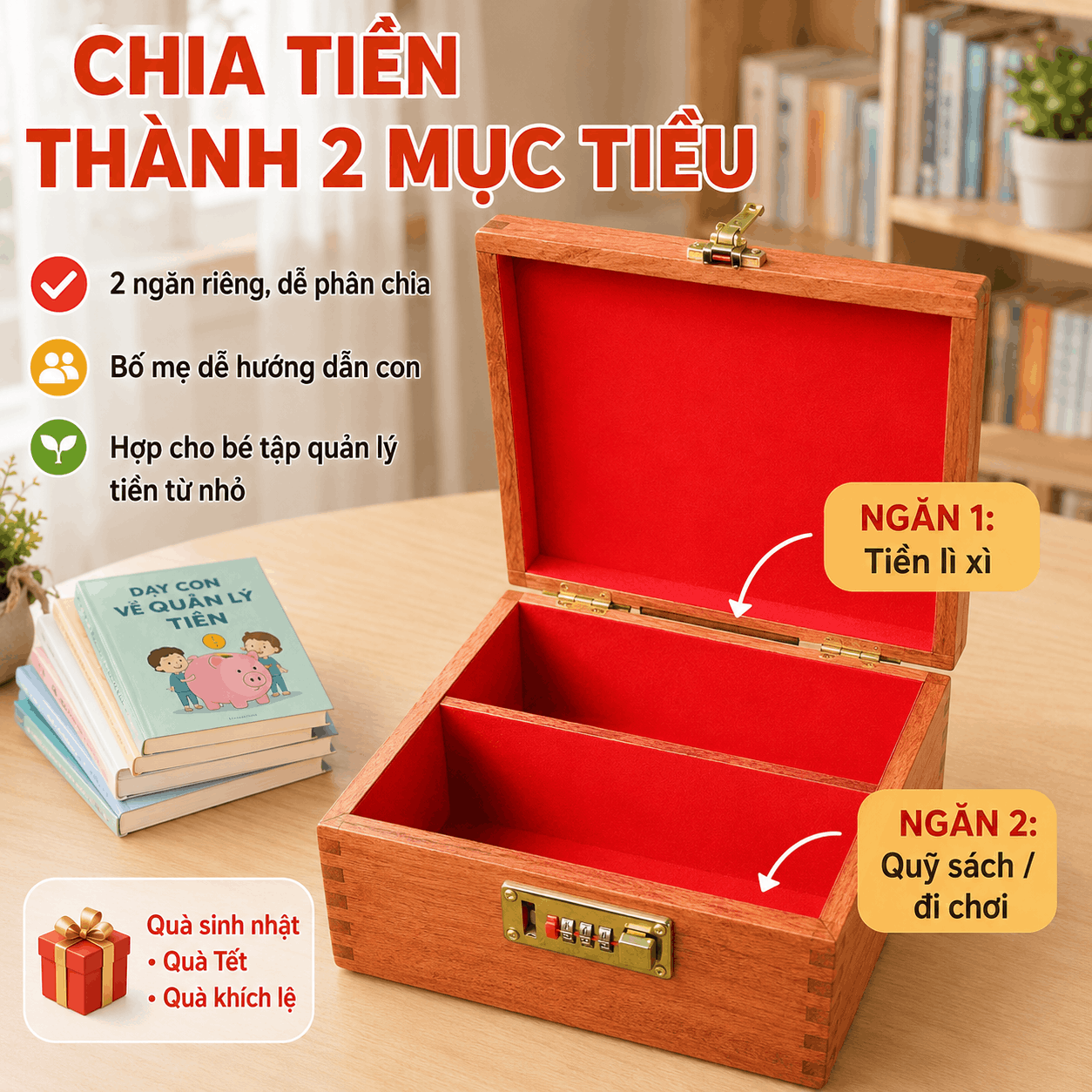 Hộp Tiết Kiệm Cho Bé 2 Ngăn Mẫu Hello Kitty – Gỗ Hương, Khóa Số