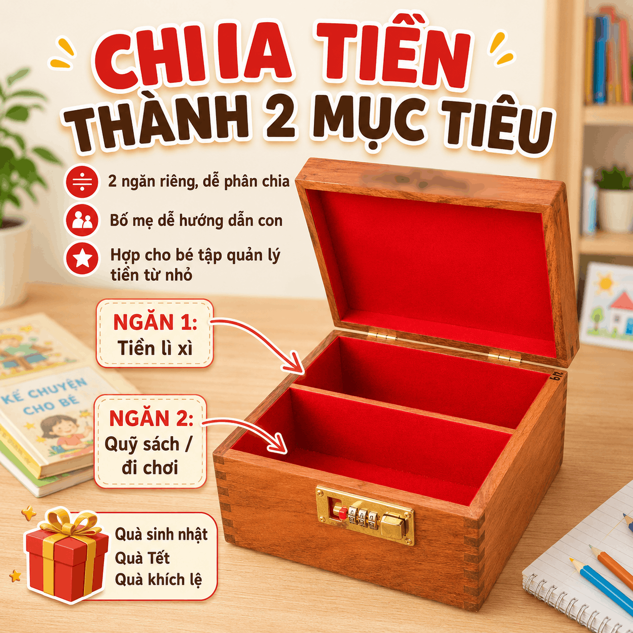 Hộp Tiết Kiệm Cho Bé 2 Ngăn Mẫu Vịt Donald – Gỗ Hương, Khóa Số