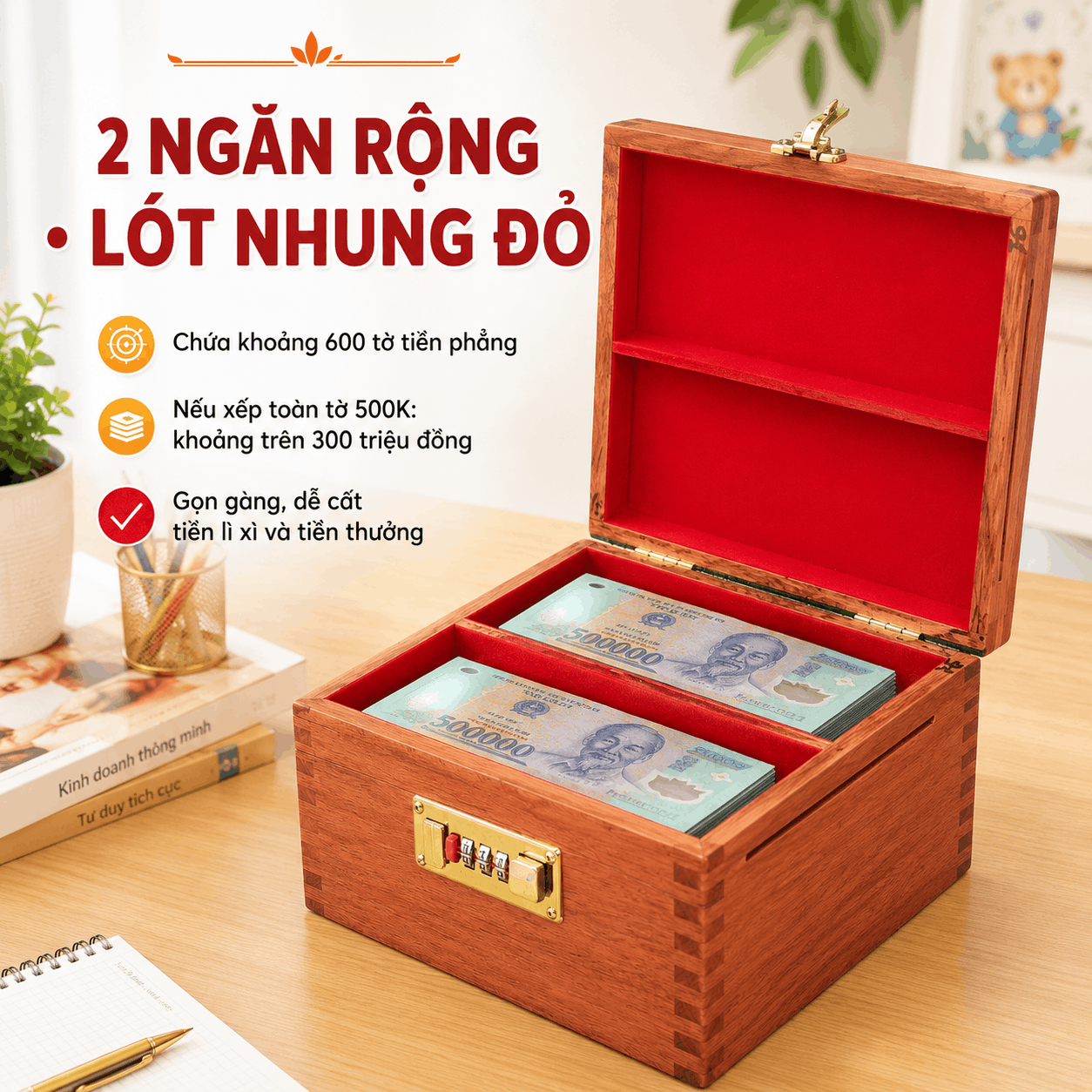Hộp Tiết Kiệm Cho Bé 2 Ngăn Mẫu Gia Đình Heo – Gỗ Hương, Khóa Số