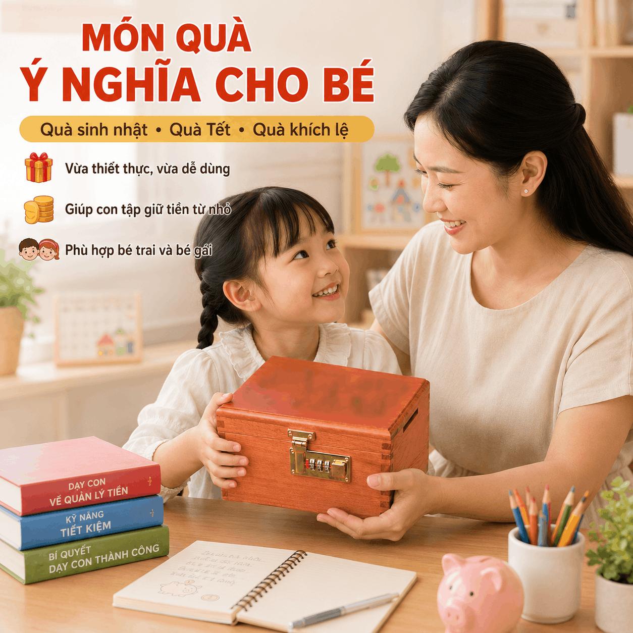 Hộp Tiết Kiệm Cho Bé 2 Ngăn Mẫu Hello Kitty – Gỗ Hương, Khóa Số