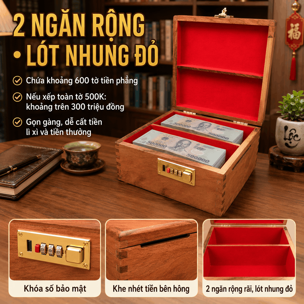 Hộp Tiết Kiệm Cho Bé 2 Ngăn Mẫu Vịt Donald – Gỗ Hương, Khóa Số