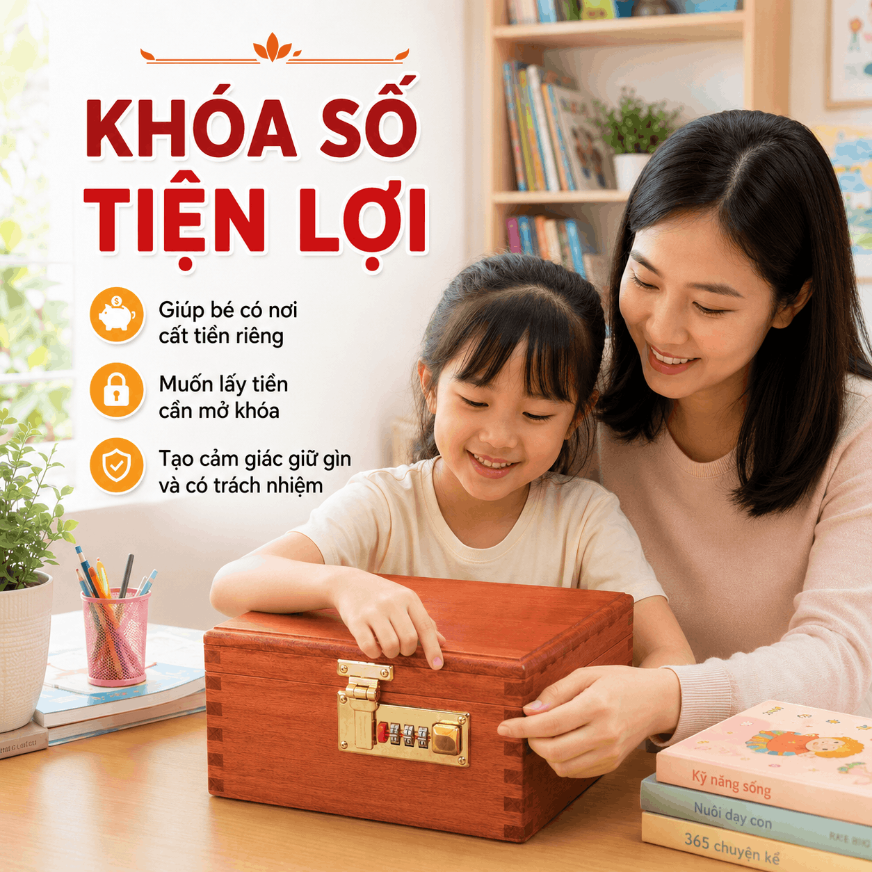 Hộp Tiết Kiệm Cho Bé 2 Ngăn Mẫu Gia Đình Heo – Gỗ Hương, Khóa Số