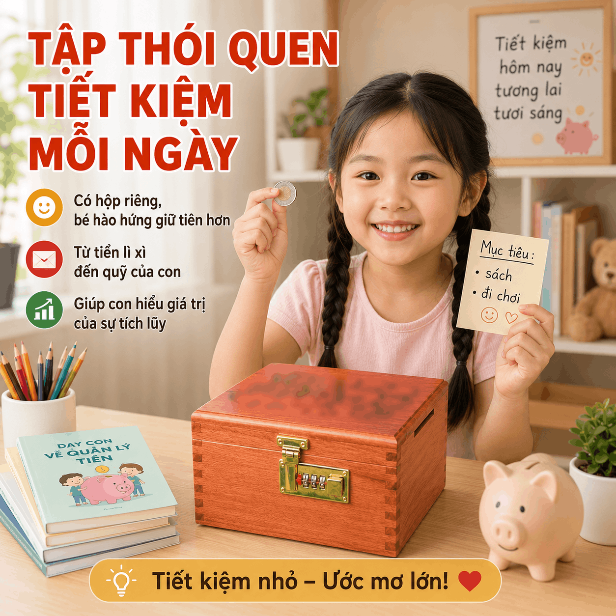 Hộp Tiết Kiệm Cho Bé 2 Ngăn Mẫu Hello Kitty – Gỗ Hương, Khóa Số