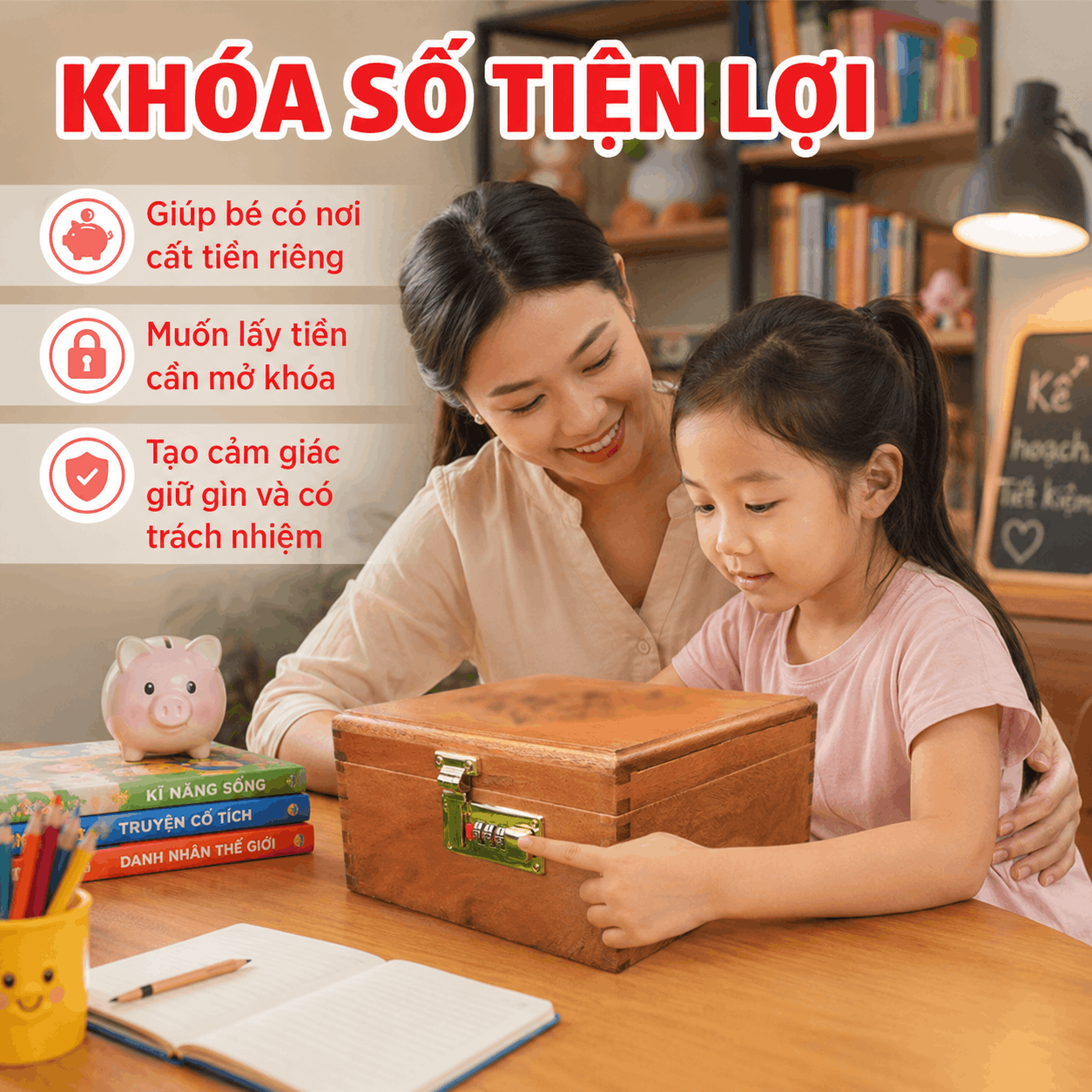 Hộp Tiết Kiệm Cho Bé 2 Ngăn Mẫu Vịt Donald – Gỗ Hương, Khóa Số