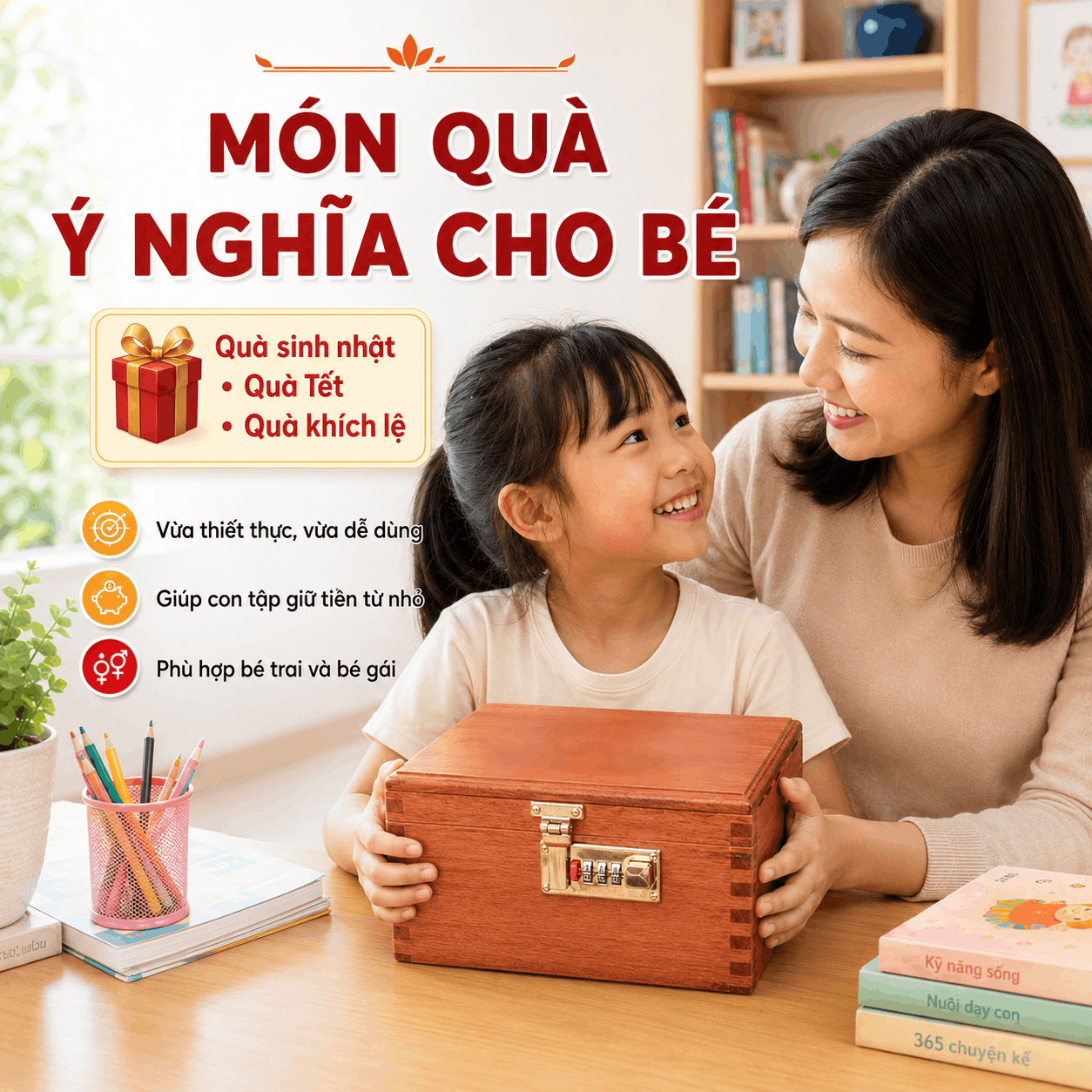 Hộp Tiết Kiệm Cho Bé 2 Ngăn Mẫu Gia Đình Heo – Gỗ Hương, Khóa Số