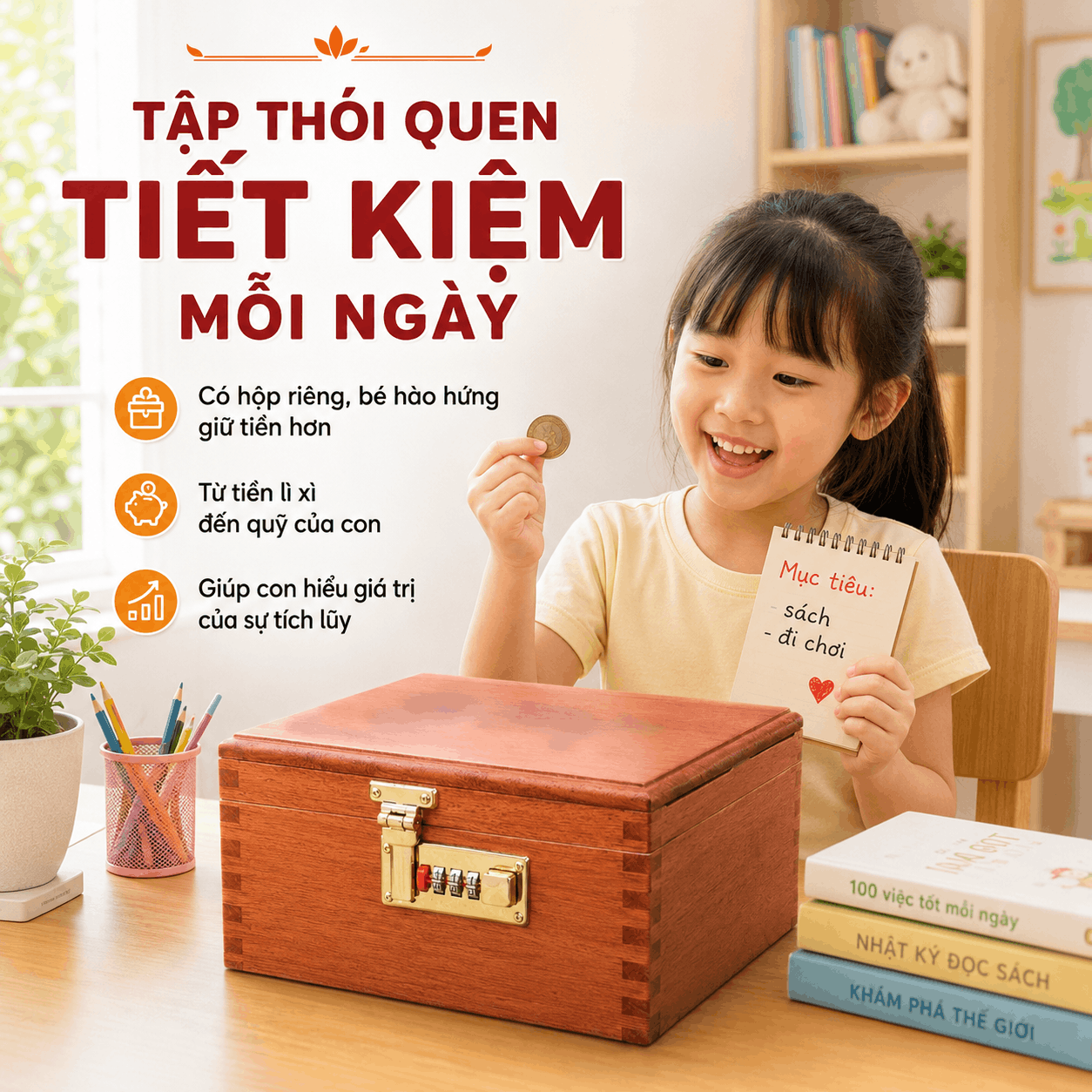 Hộp Tiết Kiệm Cho Bé 2 Ngăn Mẫu Gia Đình Heo – Gỗ Hương, Khóa Số
