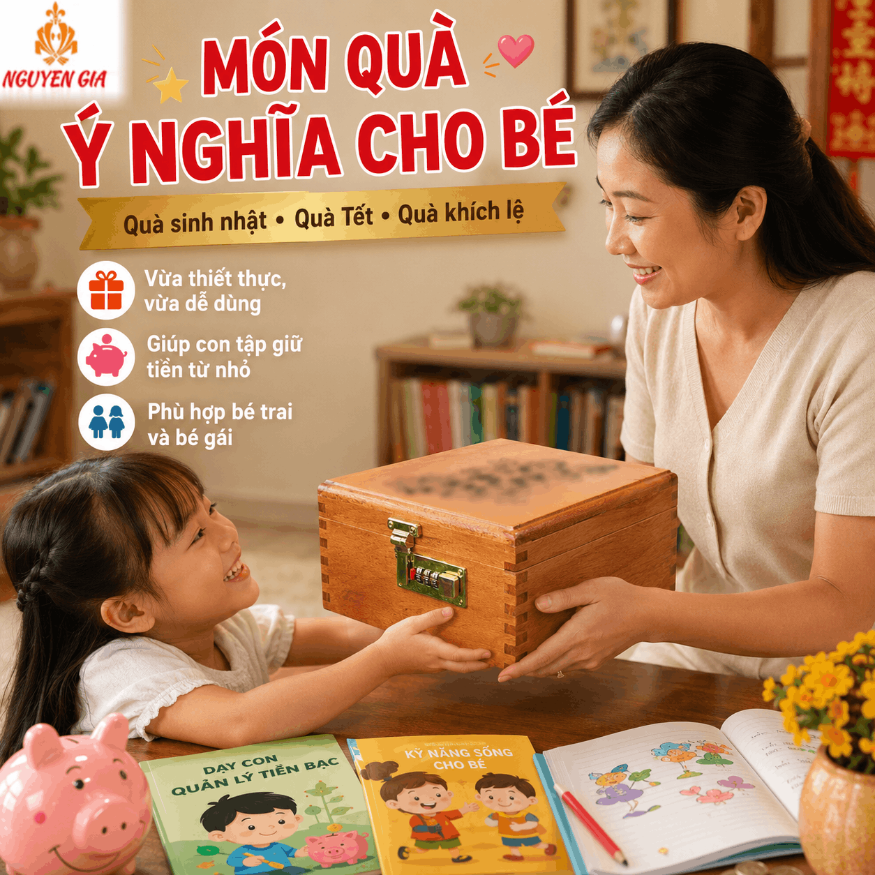 Hộp Tiết Kiệm Cho Bé 2 Ngăn Mẫu Vịt Donald – Gỗ Hương, Khóa Số