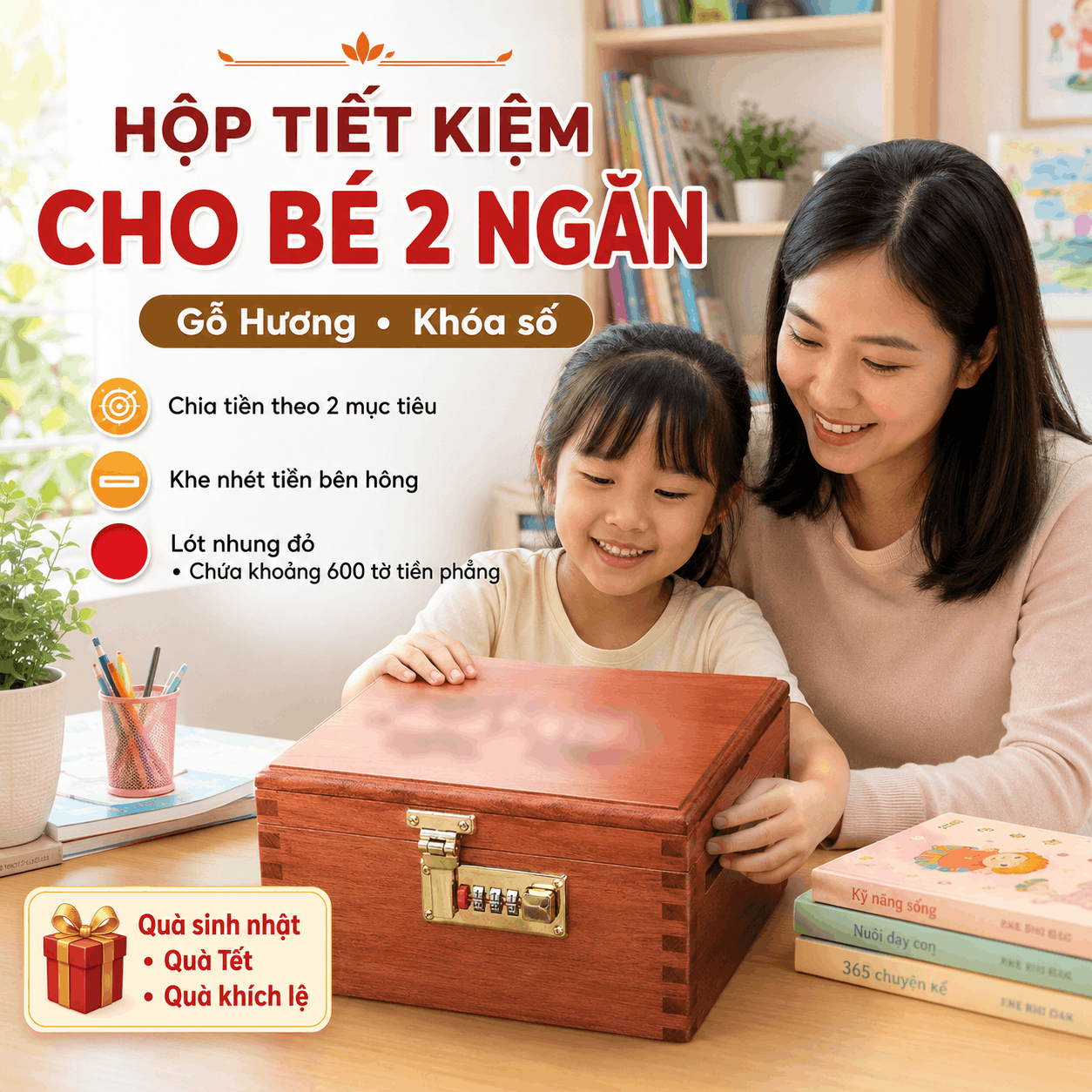 Hộp Tiết Kiệm Cho Bé 2 Ngăn Mẫu Gia Đình Heo – Gỗ Hương, Khóa Số