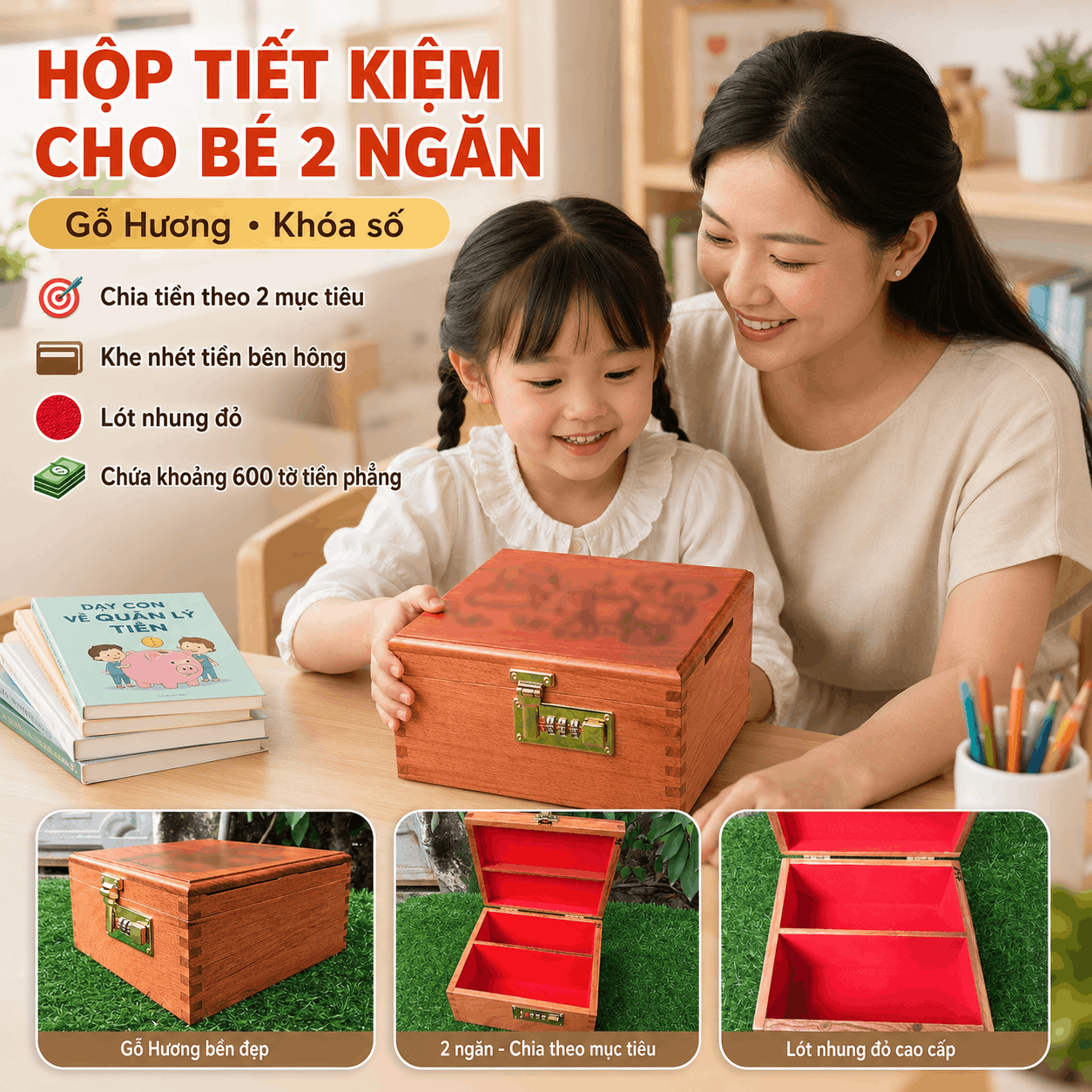 Hộp Tiết Kiệm Cho Bé 2 Ngăn Mẫu Hello Kitty – Gỗ Hương, Khóa Số
