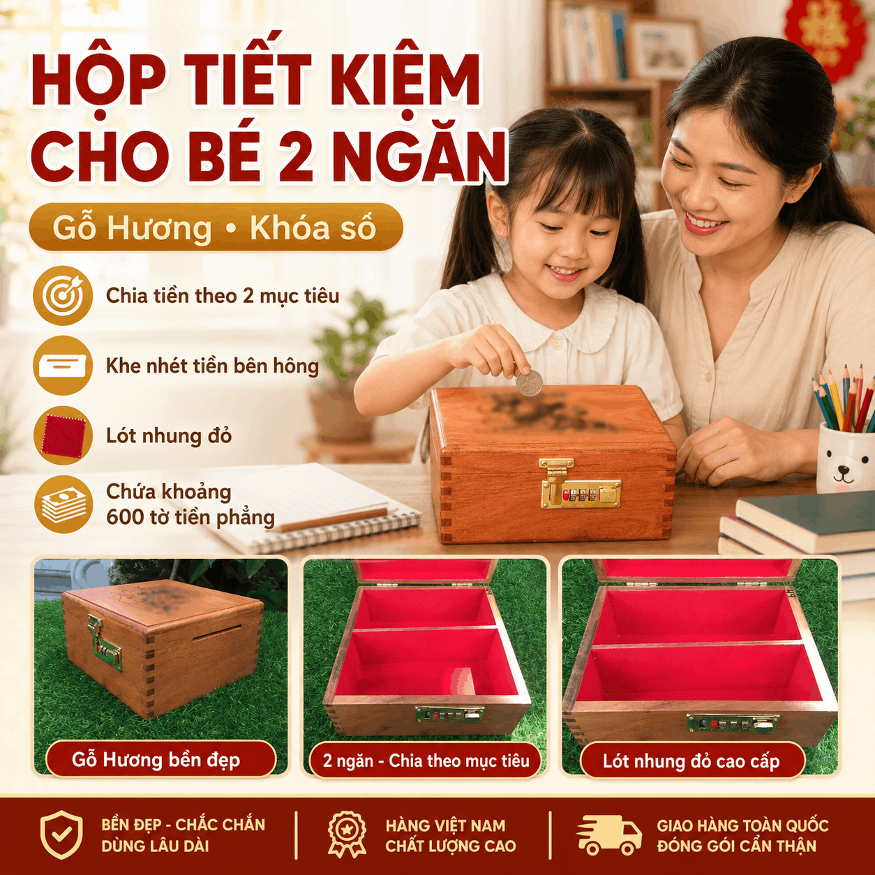 Hộp Tiết Kiệm Cho Bé 2 Ngăn Mẫu Vịt Donald – Gỗ Hương, Khóa Số