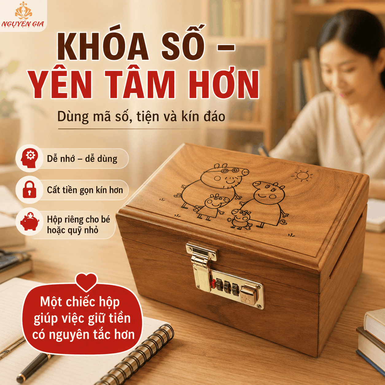 Hộp Tiết Kiệm Cho Bé Mẫu Gia Đình Heo Dễ Thương – Gỗ Hương, Khóa Số
