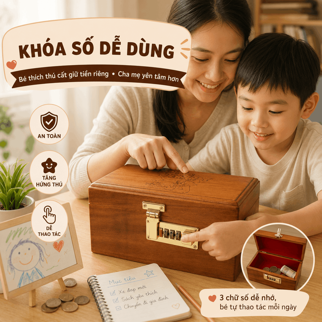 Hộp Tiết Kiệm Cho Bé Mẫu Mèo Và Chuột Dễ Thương – Gỗ Hương, Khóa Số