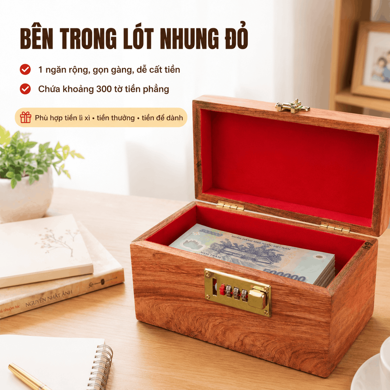 Hộp Tiết Kiệm Cho Bé Mẫu Vịt Donald Và Chuột Mickey – Gỗ Hương, Khóa Số