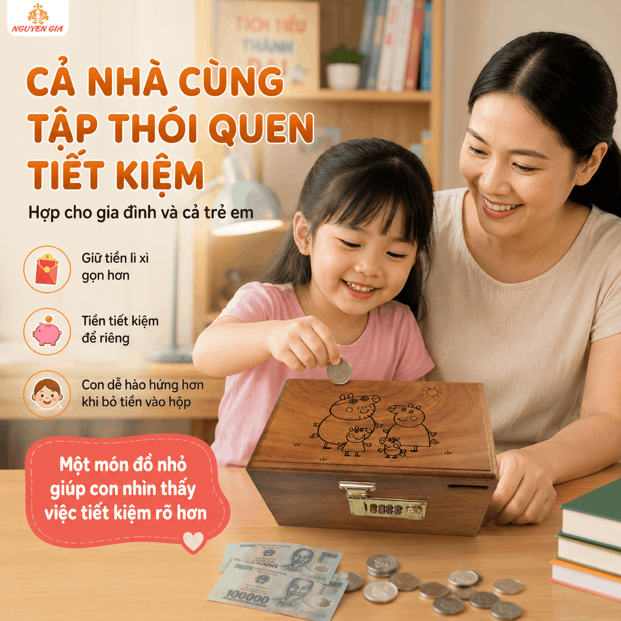 Hộp Tiết Kiệm Cho Bé Mẫu Gia Đình Heo Dễ Thương – Gỗ Hương, Khóa Số